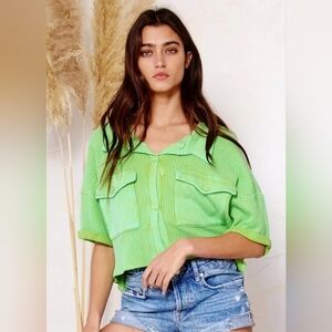 BUCKETLIST Lime Green Cropped Waffle Button-Up Top